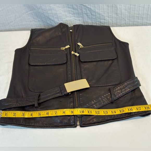 Preston & York Sz S Belted Brown Leather Biker Vest Jacket Gold hardware Zip - Picture 15 of 15